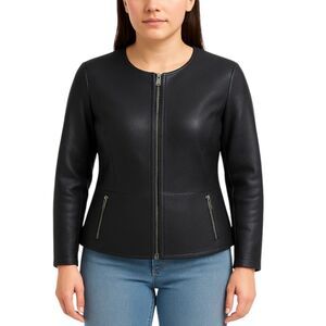Alfani Black Faux Leather Jacket | Peplum Full Silver Zipper Long Sleeve | Small
